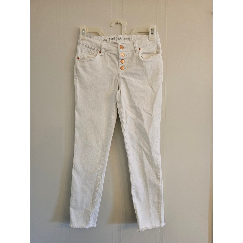 Cat & Jack Girls White Super Stretch Skinny Jeans Size 10 Button Fly Raw Hem